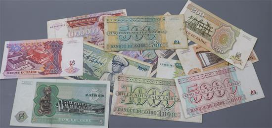 A quantity of Zaire inflation banknotes including a 1 million note